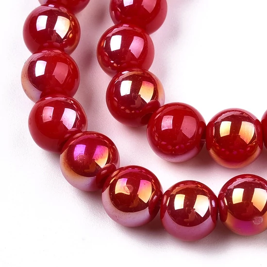Üveggyöngy - Galvanizált, piros AB színű, kerek, 8~8.5mm (10db)
