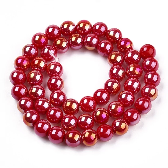 Üveggyöngy - Galvanizált, piros AB színű, kerek, 8~8.5mm (10db)