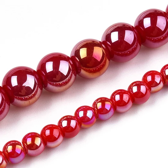 Üveggyöngy - Galvanizált, piros AB színű, kerek, 8~8.5mm (10db)