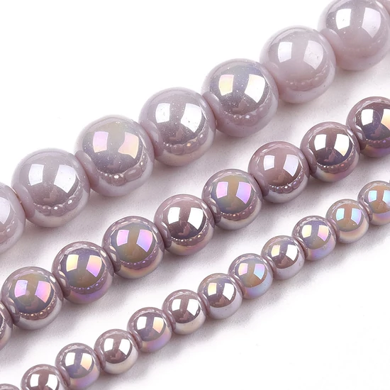 Üveggyöngy - Galvanizált, lágy rózsásbarna AB színű, kerek, 8~8.5mm (10db)