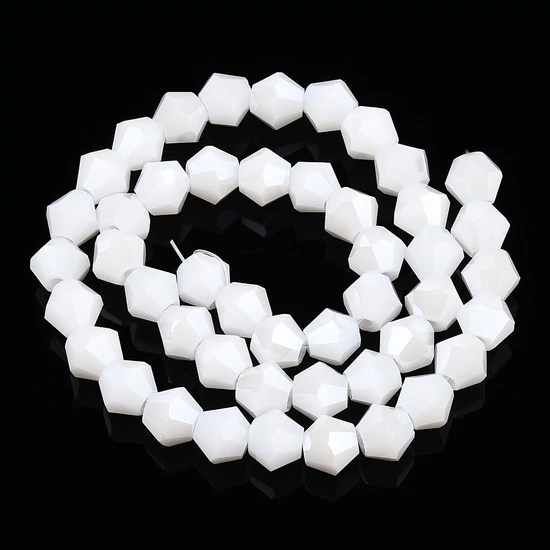 Üveggyöngy - 6x5.5mm - telt,  galvanizált, gyöngyházfényű, fazettált, fehér, rombusz 