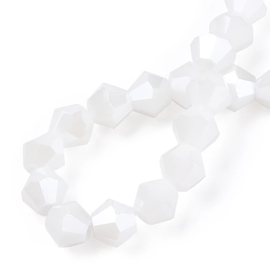 Üveggyöngy - 6x5.5mm - telt,  galvanizált, gyöngyházfényű, fazettált, fehér, rombusz 