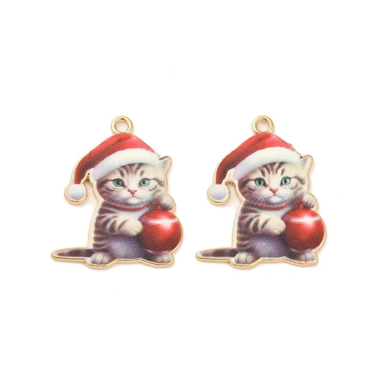 Medál - karácsonyi macska, mancsában piros gömb - charm, piros- arany, 29x24x1.5mm