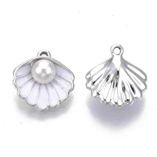 Medál - kagyló gyönggyel, platina, fehér, 16x15x7mm - alumínium műanyag gyöngy utánzattal