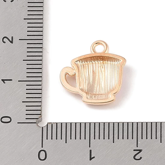 Medál - teáscsésze charm, világos arany, fehér, 15x14x3mm