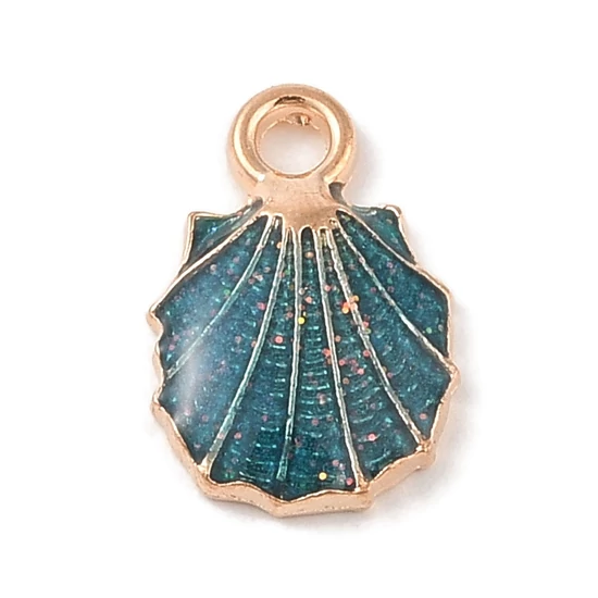 Medál - kagyló alakú - világos arany és zöldeskék charm, 18x12x3mm