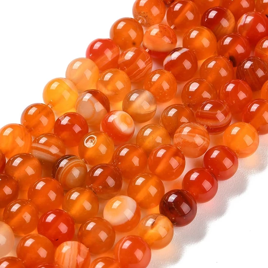 Ásvány - Természetes csíkos achát, festett, kerek, narancssárga piros, 8mm
