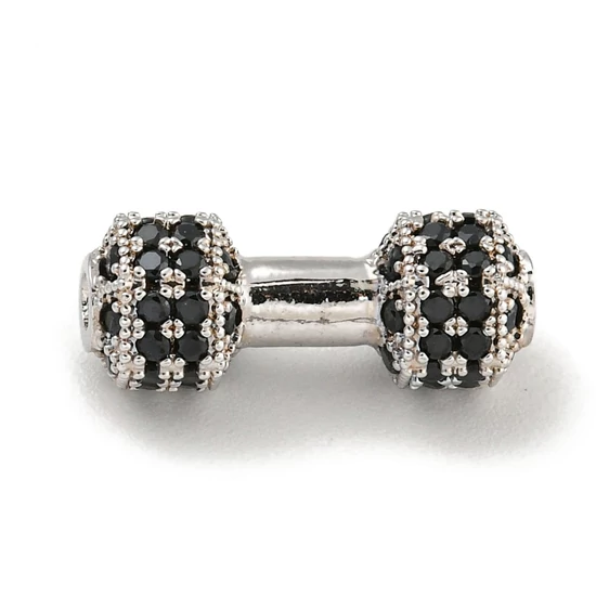 Medál - súlyzó, Cirkónia fekete kővel, platina, 6.5x16.5x3.5mm