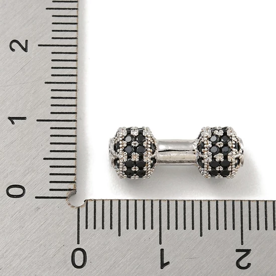 Medál - súlyzó, Cirkónia fekete kővel, platina, 6.5x16.5x3.5mm