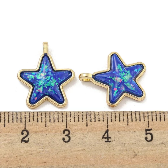 Medál - csillag, gyanta Charms arany fóliával, valódi 18K aranyozott, kadmiummentes és ólommentes, közép kék, 17x14x5.5mm