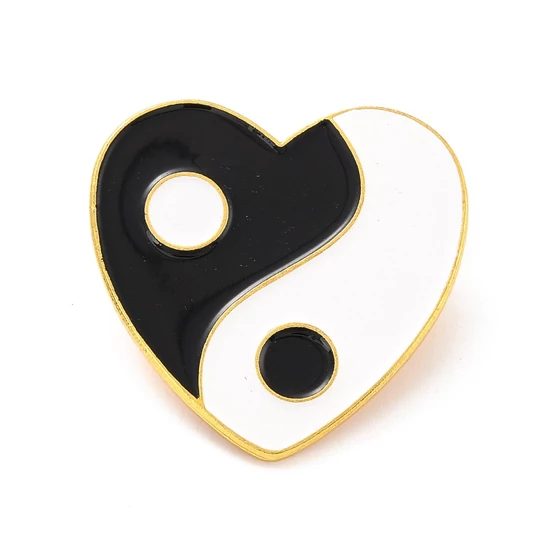 Kitűző - Szív Yin Yang, arany, fekete, 29x30x10.5mm