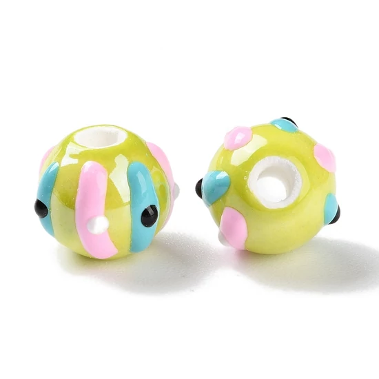 Porcelán gyöngy, kézzel készített , zománcozott, kerek, sárgás zöld, 10~11x9mm
