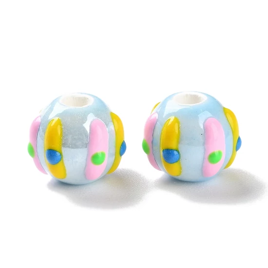 Porcelán gyöngy, kézzel készített , zománcozott, kerek, világoskék, 10~11x9mm