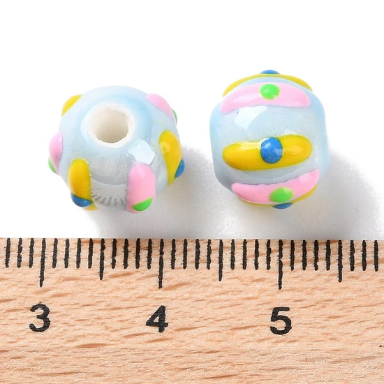 Porcelán gyöngy, kézzel készített , zománcozott, kerek, világoskék, 10~11x9mm