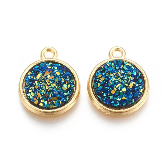 Medál - gyanta, arany tónusú, lapos kerek, teal - kék, 18x15x3.5~4mm