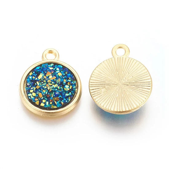 Medál - gyanta, arany tónusú, lapos kerek, teal - kék, 18x15x3.5~4mm