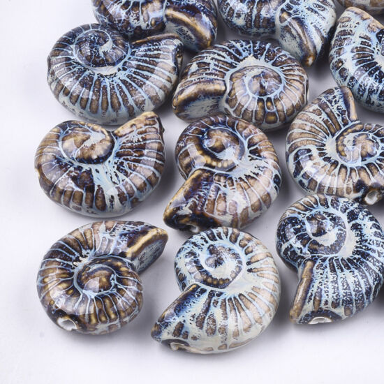 Porcelán gyöngy – kézzel készített - díszes antik - tengeri csiga – barnás - sötétkék színben