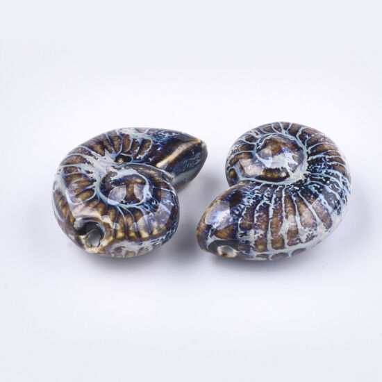 Porcelán gyöngy – kézzel készített - díszes antik - tengeri csiga – barnás - sötétkék színben