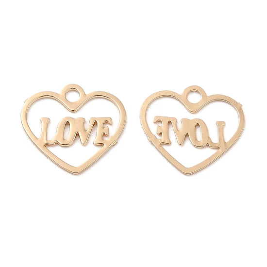 Medál - szív - sárgaréz - Love Charm szóval-  világos arany színben - 8x9x0.3mm