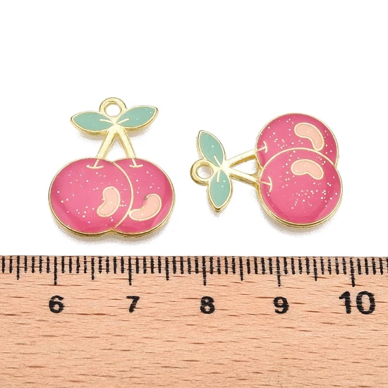 Medál - cseresznye, csillámporral, aranyozott, zománc, élénk rózsaszín, 21x17x2mm - kadmiummentes és ólommentes