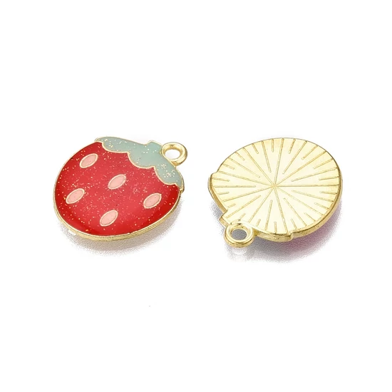 Medál - eper, csillámporral, aranyozott, piros, zománc charm, 19.5x16x2mm - kadmiummentes és ólommentes 
