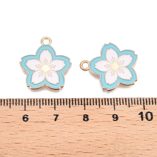 Medál - virág, világoskék, aranyozott, zománc, 19.5x18x1.5mm -kadmiummentes és ólommentes