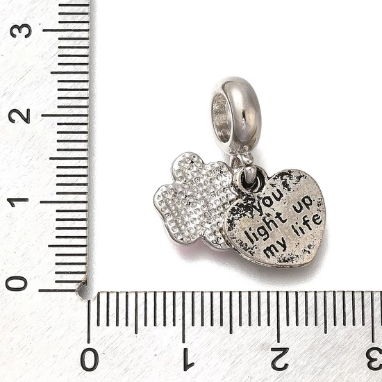 Medál - macska mancs és szív nagy lyuk Charm, antik ezüst, rózsaszín, 21mm