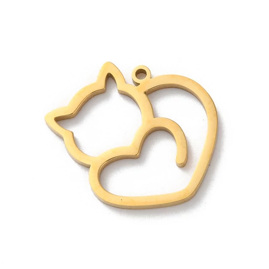 Medál - macska charm, valódi 18K aranyozott, 19x17.5x1.5mm - 304 rozsdamentes acél