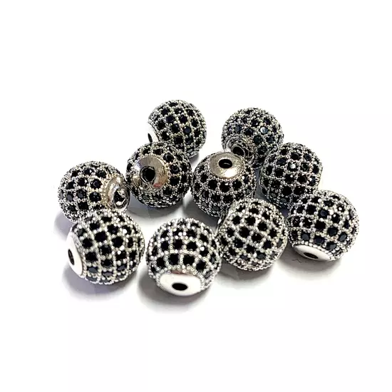 Köztes gyöngy - Fekete Cirkón kővel díszített gömb alakú - 10mm - platina ezüst színű foglalatban 