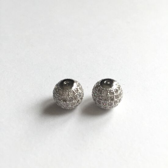 Cirkón kővel díszített - 10mm - gömb alakú köztes gyöngy, platina ezüst színű foglalatban 