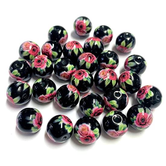 Porcelán gyöngy - 10mm - nyomtatott - pink rózsa - fekete alapon 