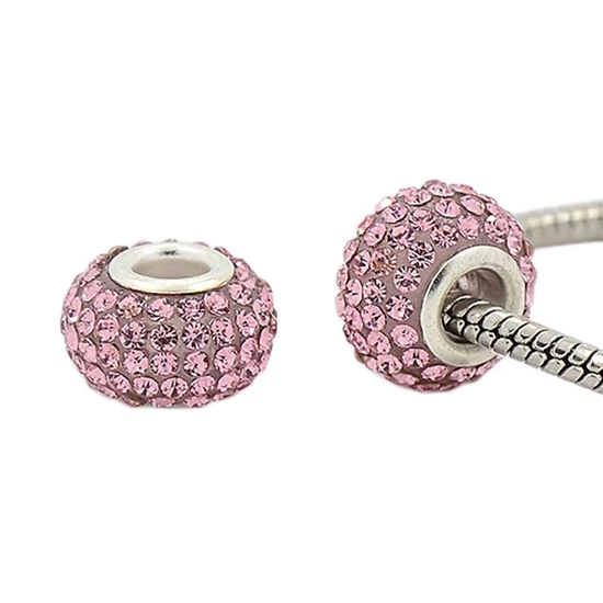 Strasszos Pandora gyöngy - 12x8mm - Halvány rózsaszín - ezüst színben 