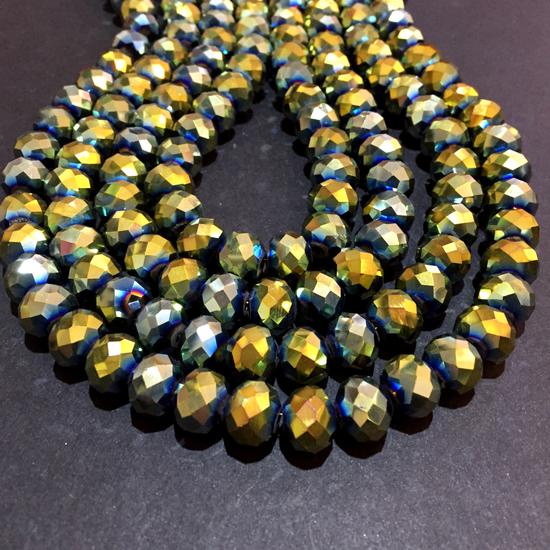 10x7mm Irizáló zöld színű, fánk alakú, csiszolt üveg gyöngy