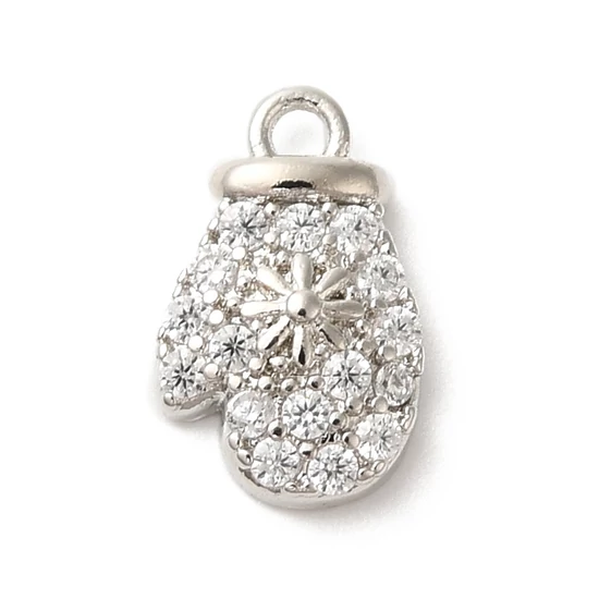 Medál - Karácsonyi kesztyű, sárgaréz, cirkónia Charms, hópehellyel, Platina
