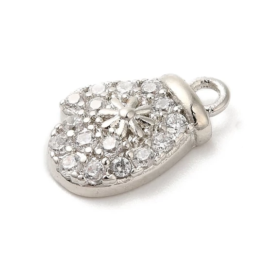 Medál - Karácsonyi kesztyű, sárgaréz, cirkónia Charms, hópehellyel, Platina