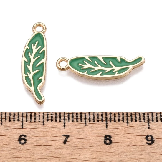 Medál - levél - zöld és világos arany 21,5x6x1,5mm
