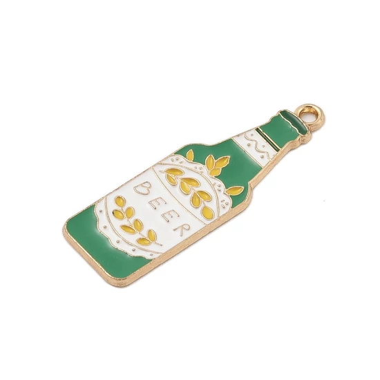 Medál - Sörös üveg beer felirattal, fehér, zöld és arany 37x12x1mm