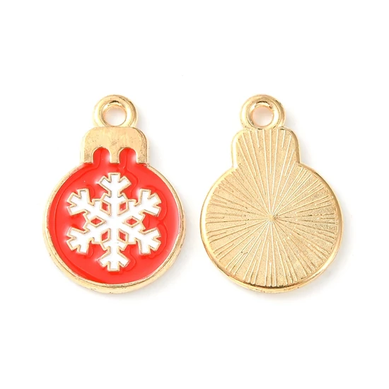 Medál - karácsonyi gömb - hópehely díszítéssel - 19x13mm - piros és fehér és arany színekben