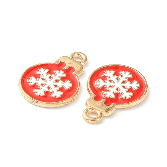 Medál - karácsonyi gömb - hópehely díszítéssel - 19x13mm - piros és fehér és arany színekben