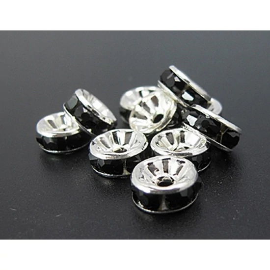 Köztes – rondella – 8mm – fekete strasszal – ezüst színben