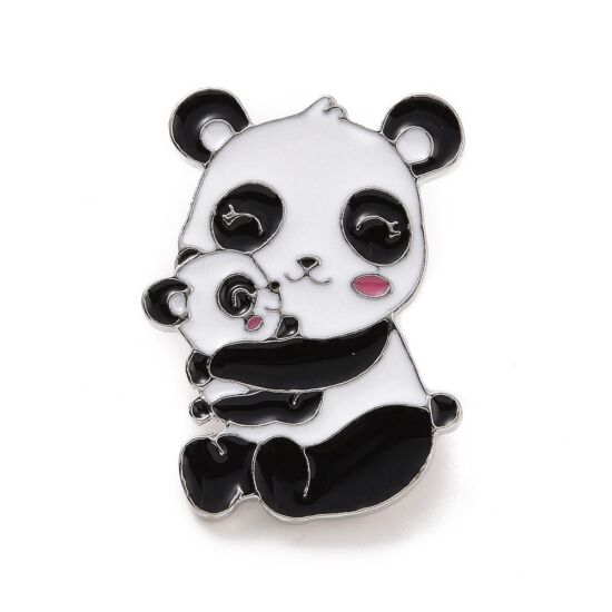 Kitűző - panda mama panda babával - ezüst színű pillangó kapoccsal - Nikkelmentes!