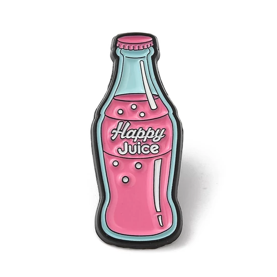 Kitűző - Happy Juice üdítő, zománc, fekete- róózsaszín ötvözetből készült bross