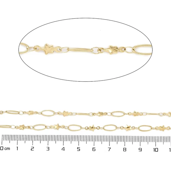 Ékszerlánc - 10x4.5x1.8mm - arany színben, csillag díszítéssel - Rozsdamentes Acél! (50cm)
