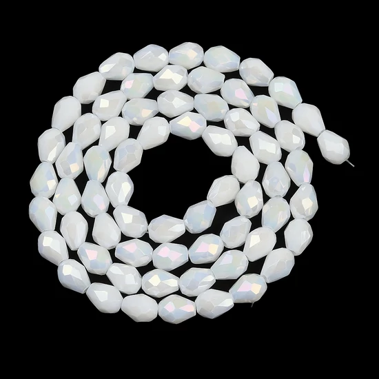 Üveggyöngy - csepp, angyalszoknya - galvanizált fehér AB színű, fazettált, 15x10mm
