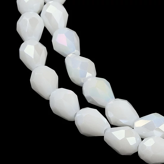 Üveggyöngy - csepp, angyalszoknya - galvanizált fehér AB színű, fazettált, 15x10mm