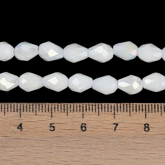 Üveggyöngy - csepp, angyalszoknya - galvanizált fehér AB színű, fazettált, 15x10mm