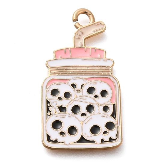 Medál - Halloween - üveg, koponyákkal, 29x16x1mm, színes és arany színben