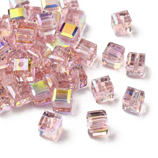 Üveggyöngy - kocka alakú - galvanizált, csiszolt, rózsaszín Ab, 7x7x7 mm 