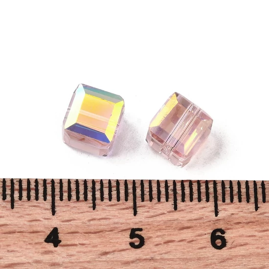 Üveggyöngy - kocka alakú - galvanizált, csiszolt, rózsaszín Ab, 7x7x7 mm (10db)
