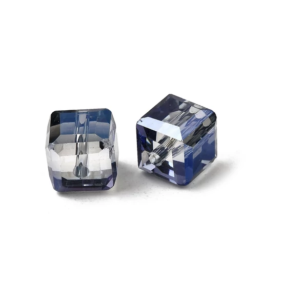Üveggyöngy - kocka alakú - galvanizált, csiszolt, acélkék, 7x7x7 mm (10db)